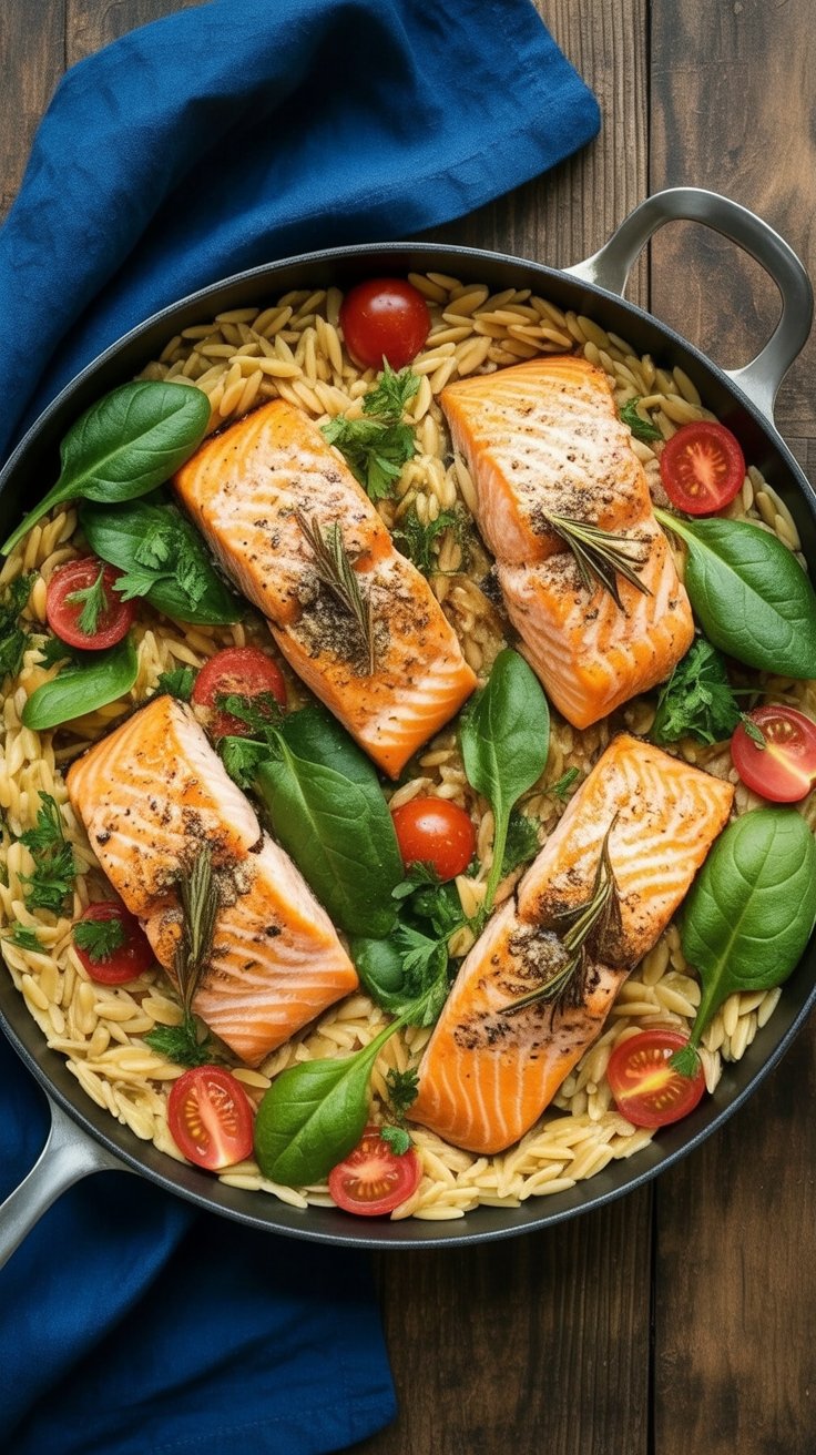 best One Pan Salmon with Spinach and Orzo