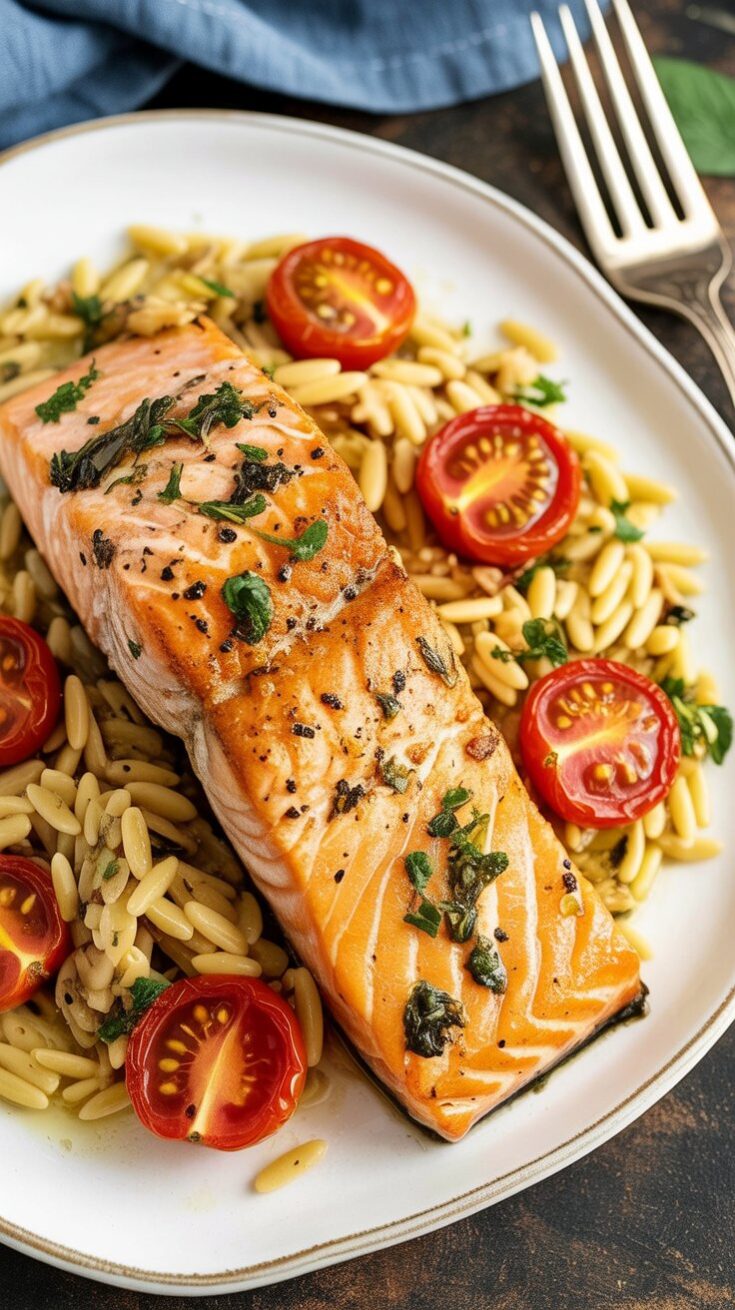 easy One Pan Salmon with Spinach and Orzo
