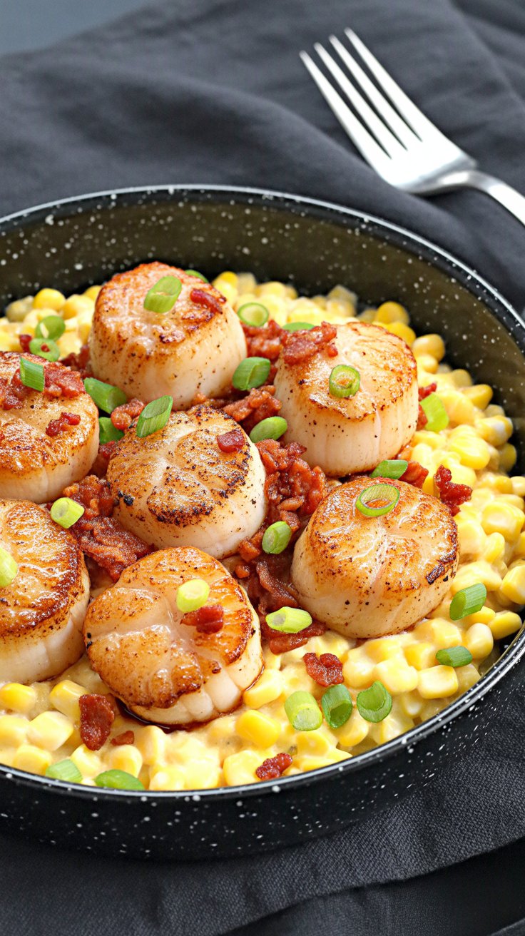 best Seared Scallops with Creamy Corn and Bacon