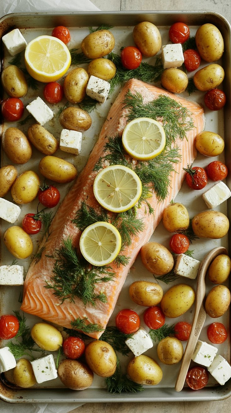 easy Greek Lemon Garlic Sheet Pan Salmon with Potatoes