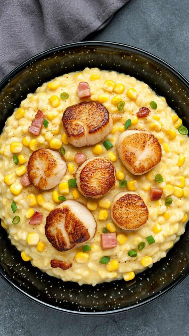 easy Seared Scallops with Creamy Corn and Bacon