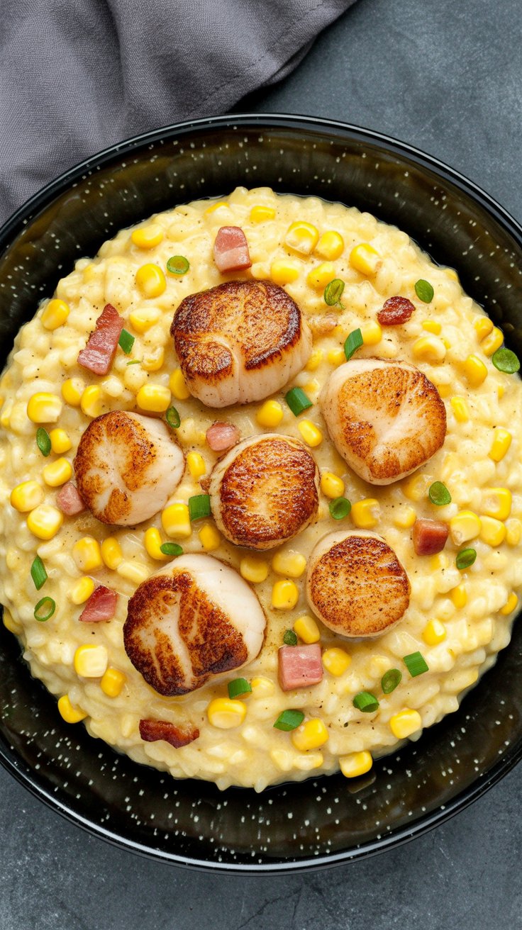 easy Seared Scallops with Creamy Corn and Bacon