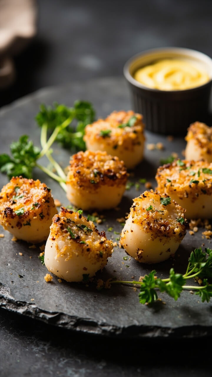 Six scallops with a golden panko-herb crust on a slate-grey plate, garnished with fresh parsley. A small ramekin of lemon aioli is at the side.