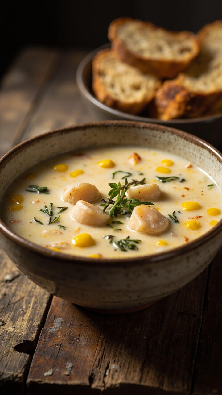 A rustic ceramic bowl steaming with creamy chowder, bright yellow corn kernels, and tender scallops visible. Sprigs of fresh thyme on top and slices of crusty bread on the side.