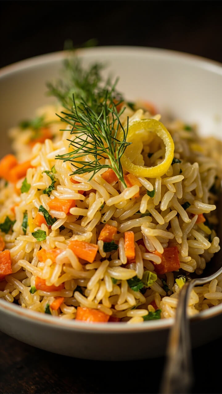 A porcelain serving bowl heaped with golden-tinted rice, small carrot and onion bits, mixed with finely chopped parsley and fresh dill. Lemon zest curls and a sprig of dill adorn the top, with a serving spoon tucked in. A porcelain serving bowl heaped with golden-tinted rice, small carrot and onion bits, mixed with finely chopped parsley and fresh dill. Lemon zest curls and a sprig of dill adorn the top, with a serving spoon tucked in.