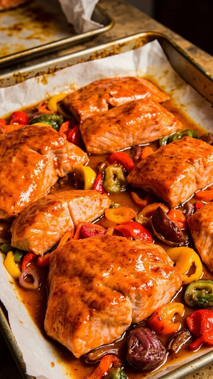 A rimmed baking sheet lined with parchment holding four salmon fillets glazed with shiny honey garlic sauce, surrounded by colorful roasted bell peppers and red onions. Each fillet has caramelized sauce pooling around it, served directly from the pan onto dinner plates.
