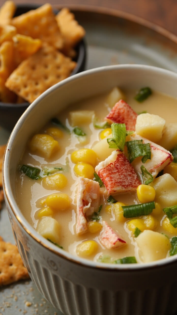 A deep soup bowl with creamy chowder, golden corn kernels, pink lobster chunks, diced potatoes, and flecks of green onion, served with oyster crackers on the side. A deep soup bowl with creamy chowder, golden corn kernels, pink lobster chunks, diced potatoes, and flecks of green onion, served with oyster crackers on the side.