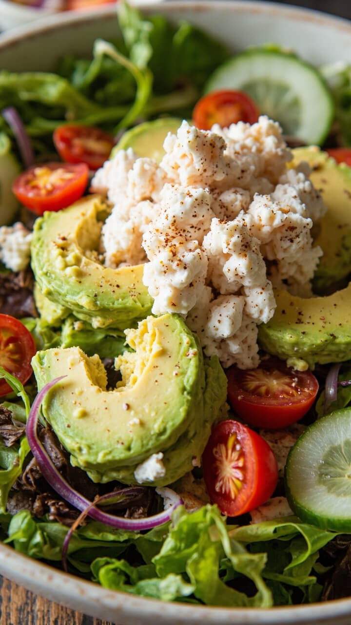 A wide, shallow bowl lined with mixed salad greens, topped with scoops of avocado, generous mounds of crab meat, cherry tomatoes, cucumber slices, and a sprinkle of everything bagel seasoning. A wide, shallow bowl lined with mixed salad greens, topped with scoops of avocado, generous mounds of crab meat, cherry tomatoes, cucumber slices, and a sprinkle of everything bagel seasoning.