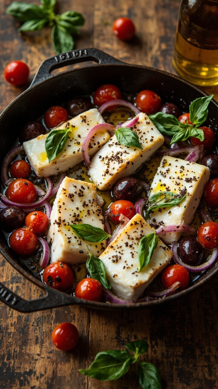 White fish fillets nestled among cherry tomatoes, sliced kalamata olives, and red onion rings, all glistening in olive oil and scattered with fresh basil. Served right from a rustic skillet, colors bright against a warm wood table. White fish fillets nestled among cherry tomatoes, sliced kalamata olives, and red onion rings, all glistening in olive oil and scattered with fresh basil. Served right from a rustic skillet, colors bright against a warm wood table.