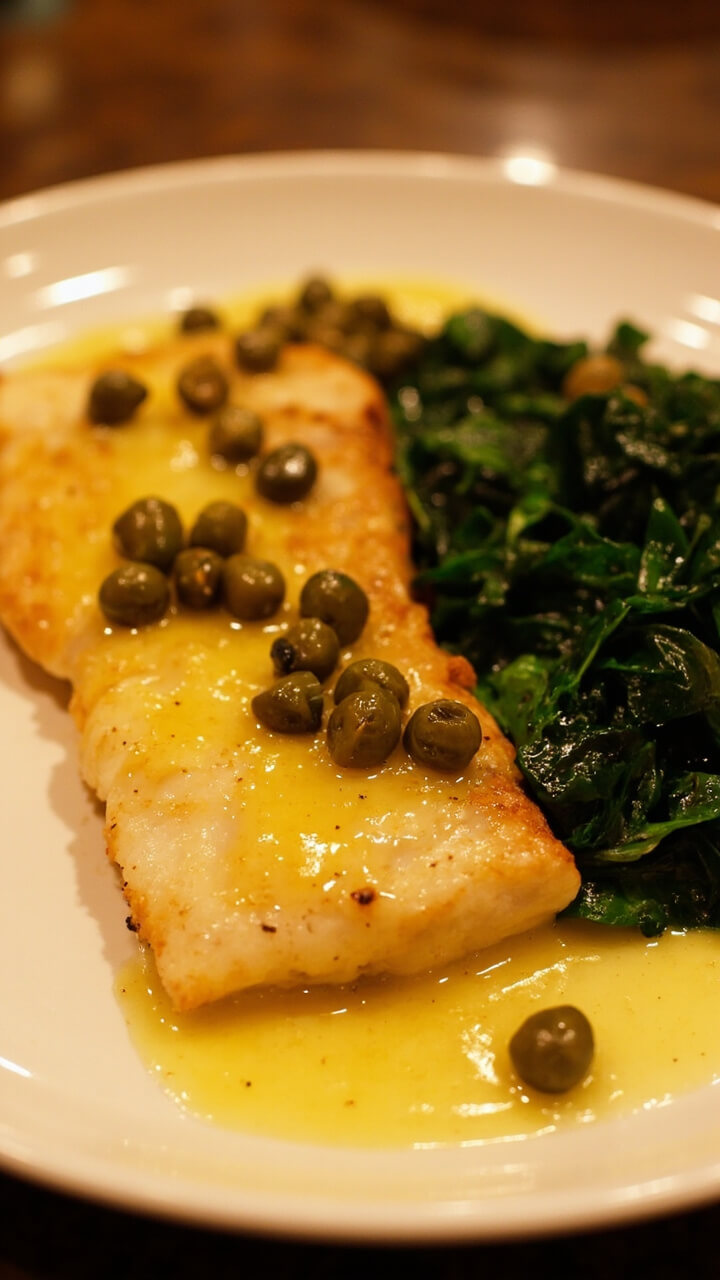 A shallow dinner plate with a pan-seared catfish fillet, covered in lemony caper sauce, next to a mound of bright sautéed greens.