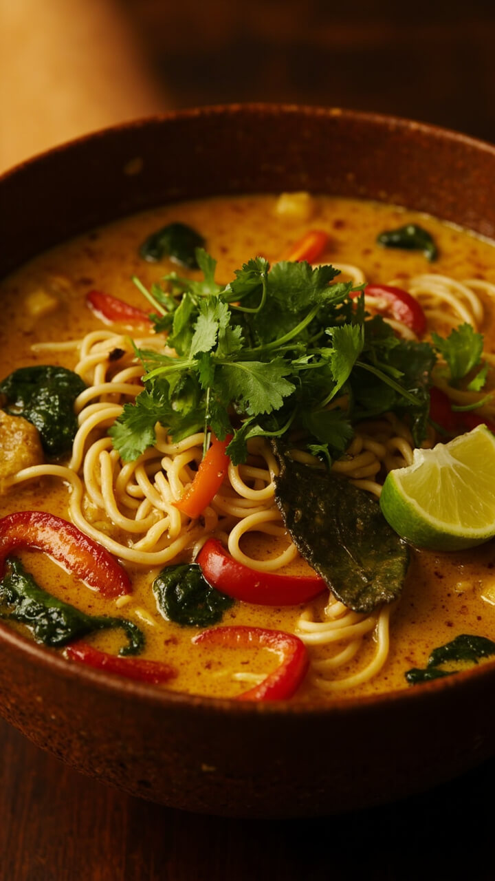 A deep ceramic bowl brimming with golden curry broth, ramen noodles, thinly sliced red bell pepper, wilted spinach, and a sprinkle of fresh cilantro. A small slice of lime on the edge.