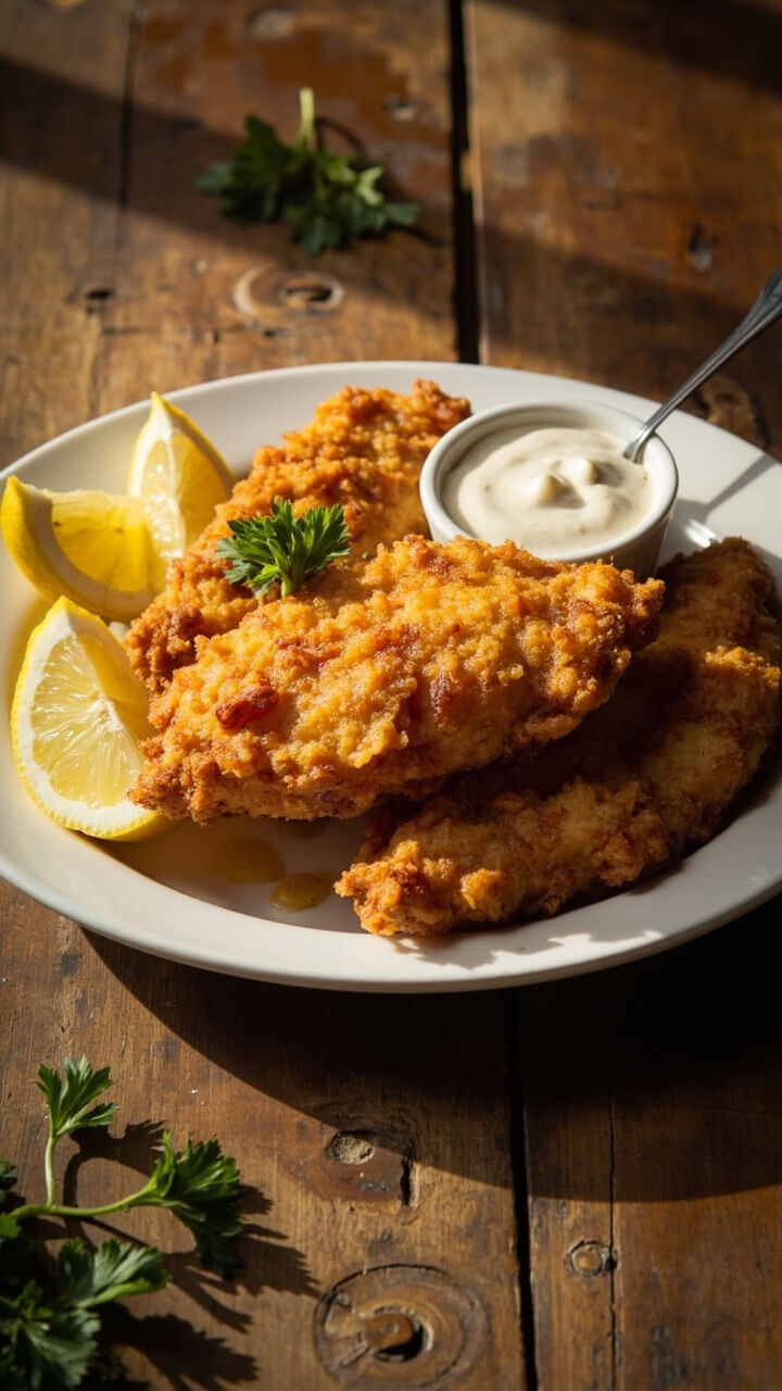 Golden-fried catfish fillets on a white plate with lemon wedges, alongside a small bowl of creamy tartar sauce and a scattering of parsley on a rustic wooden table.