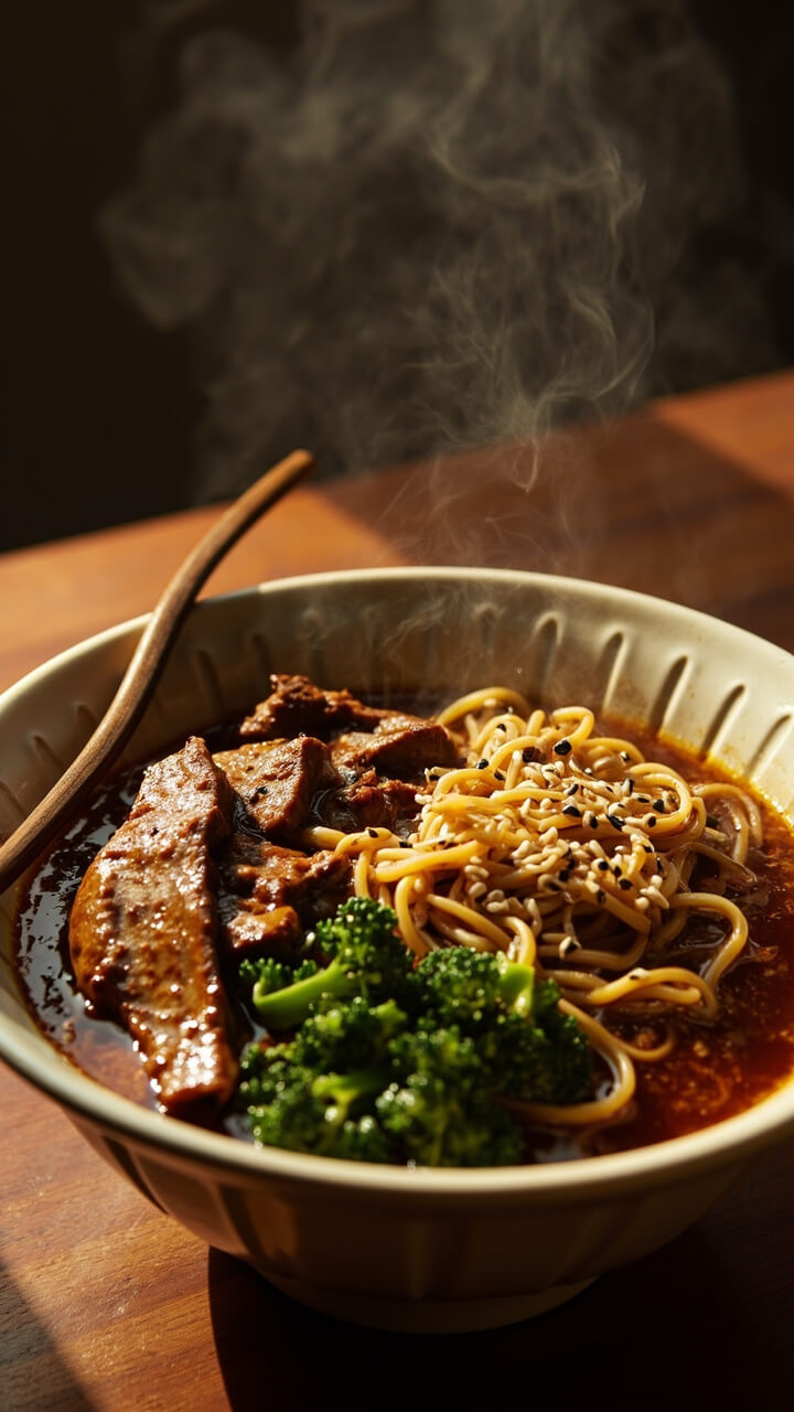 A generous serving of ramen topped with sautéed beef slices, bright broccoli florets, all coated in glossy soy-based sauce. Served in a wide bowl with a sprinkle of sesame seeds and a pair of chopsticks.