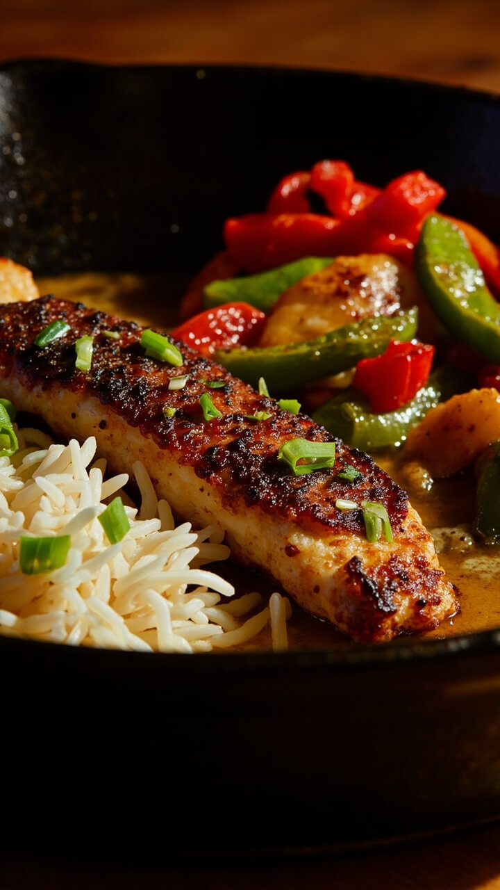 Darkly crusted catfish fillets on a black cast iron skillet, garnished with green onion and served beside a pile of white rice and sautéed peppers.
