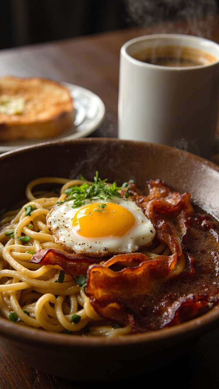 A round bowl holding ramen noodles in light broth, topped with crispy bacon strips, a sunny-side-up egg, and a scattering of chives. Toast and coffee sit in the background.