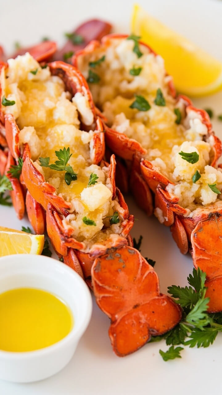 Two split lobster tails on a white plate, shells arranged for a “butterflied” look. Meat is golden with melted garlic butter and scattered with parsley. Lemon wedges and a small bowl of extra melted butter are alongside. Two split lobster tails on a white plate, shells arranged for a “butterflied” look. Meat is golden with melted garlic butter and scattered with parsley. Lemon wedges and a small bowl of extra melted butter are alongside.