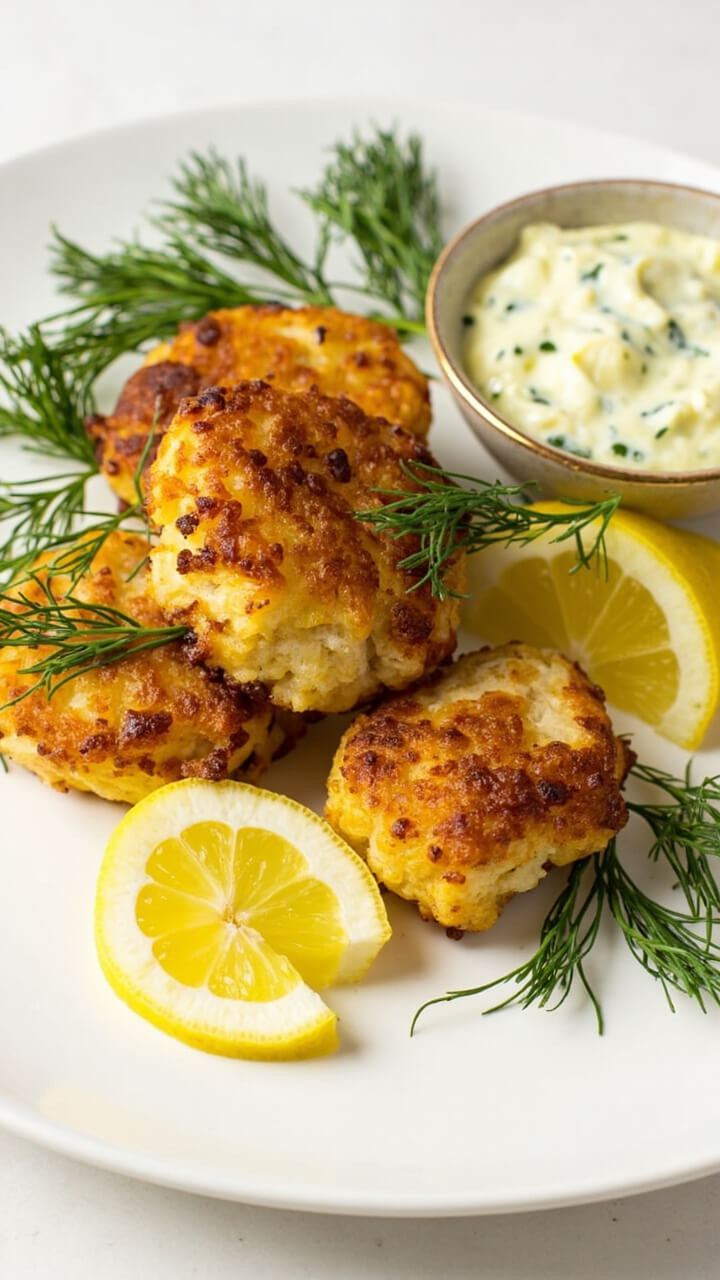 Golden, pan-fried cod cakes stacked on a white plate, beside a small dipping bowl of creamy dill yogurt sauce. Fresh dill fronds and lemon wedges complete the platter. Golden, pan-fried cod cakes stacked on a white plate, beside a small dipping bowl of creamy dill yogurt sauce. Fresh dill fronds and lemon wedges complete the platter.