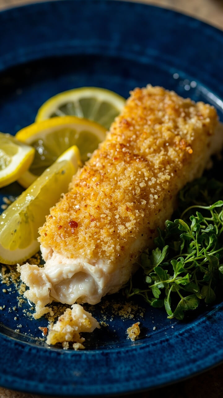 A golden-brown cod fillet topped with a crisp, textured panko-parmesan crust, resting on a navy blue plate, garnished with lemon wedges and a small pile of microgreens. A golden-brown cod fillet topped with a crisp, textured panko-parmesan crust, resting on a navy blue plate, garnished with lemon wedges and a small pile of microgreens.