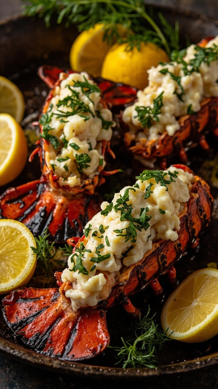 Halved lobster shells, grill marks on the meat, brushed with melting herb butter, and sprinkled with fresh herbs. Served on a cast iron platter with lemon wedges. Halved lobster shells, grill marks on the meat, brushed with melting herb butter, and sprinkled with fresh herbs. Served on a cast iron platter with lemon wedges.