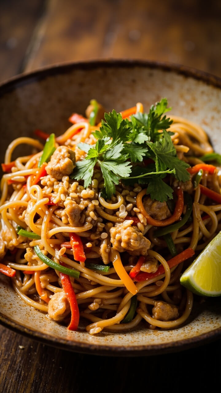 A shallow, rustic ceramic plate holding ramen noodles tossed with bite-size chicken, thin carrot strips, bell peppers, and a glossy peanut sauce, topped with crushed peanuts and cilantro. A lime wedge rests on the side.