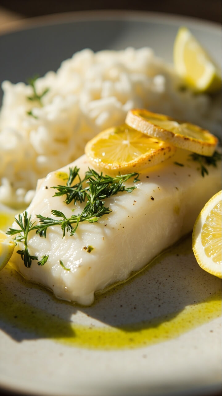 A white fish fillet nestled on a ceramic plate, sprinkled with chopped parsley and dill, with thin lemon slices roasted on top, a drizzle of olive oil glistening, alongside a scoop of fluffy rice and a wedge of lemon. Everything is bright, clean, and inviting. A white fish fillet nestled on a ceramic plate, sprinkled with chopped parsley and dill, with thin lemon slices roasted on top, a drizzle of olive oil glistening, alongside a scoop of fluffy rice and a wedge of lemon. Everything is bright, clean, and inviting.
