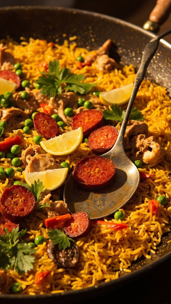 A colorful paella pan filled with golden rice speckled with sliced chorizo, red bell peppers, and green peas. Garnished with lemon wedges and parsley, with a serving spoon in the pan. A colorful paella pan filled with golden rice speckled with sliced chorizo, red bell peppers, and green peas. Garnished with lemon wedges and parsley, with a serving spoon in the pan.