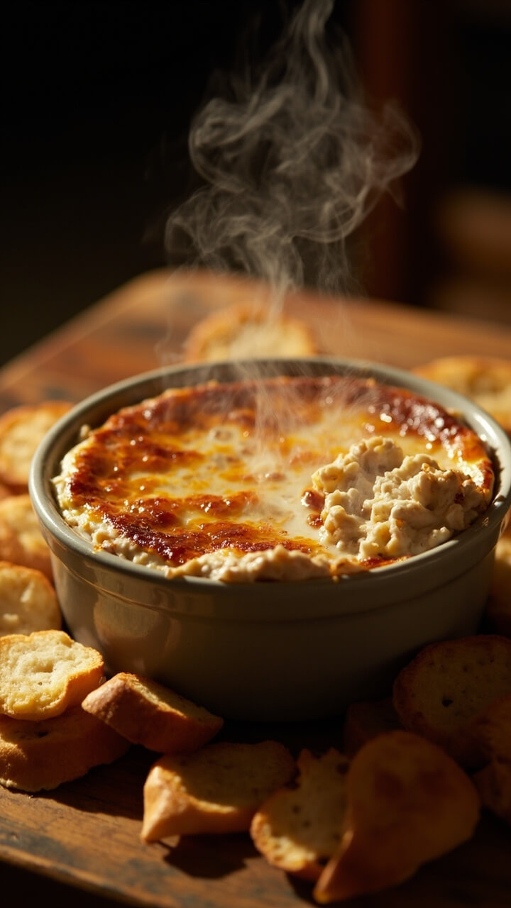 A small round baking dish filled with bubbly hot crab dip, the top lightly browned, surrounded by a pile of crisp crackers and sliced baguette on the table nearby. A small round baking dish filled with bubbly hot crab dip, the top lightly browned, surrounded by a pile of crisp crackers and sliced baguette on the table nearby.