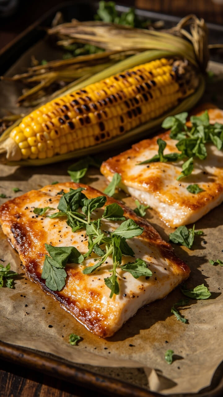 Two catfish fillets on a parchment-lined baking sheet, shiny with glaze and garnished with green herbs, served next to grilled corn on the cob.