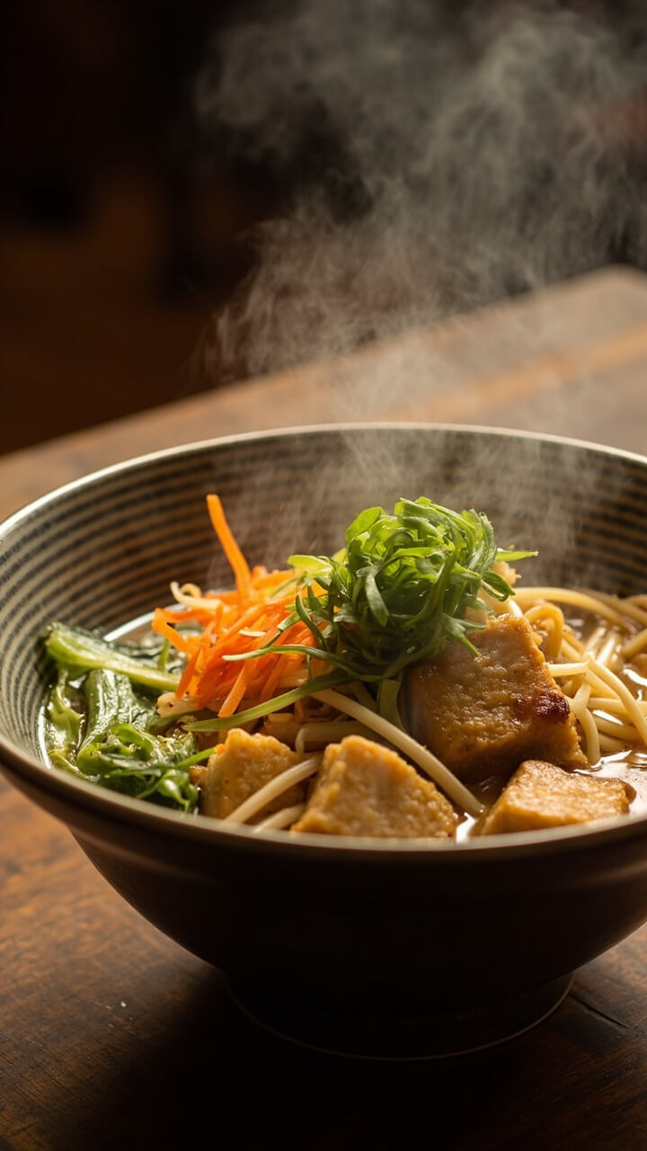 A deep bowl holding ramen noodles in clear broth, golden-brown cubes of crispy tofu, sautéed baby bok choy, and carrot ribbons. A sprinkle of sliced green onions adds color.