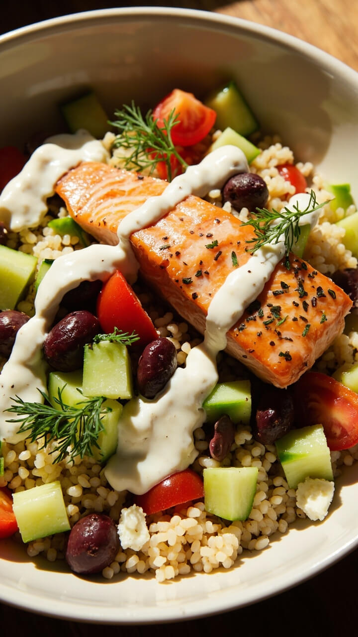 A wide bowl layered with pearl couscous, diced cucumber, cherry tomatoes, kalamata olives, and crumbled feta, all topped with a fillet of herb-roasted salmon. A drizzle of tzatziki sits on top, and there are sprigs of parsley along the edge.