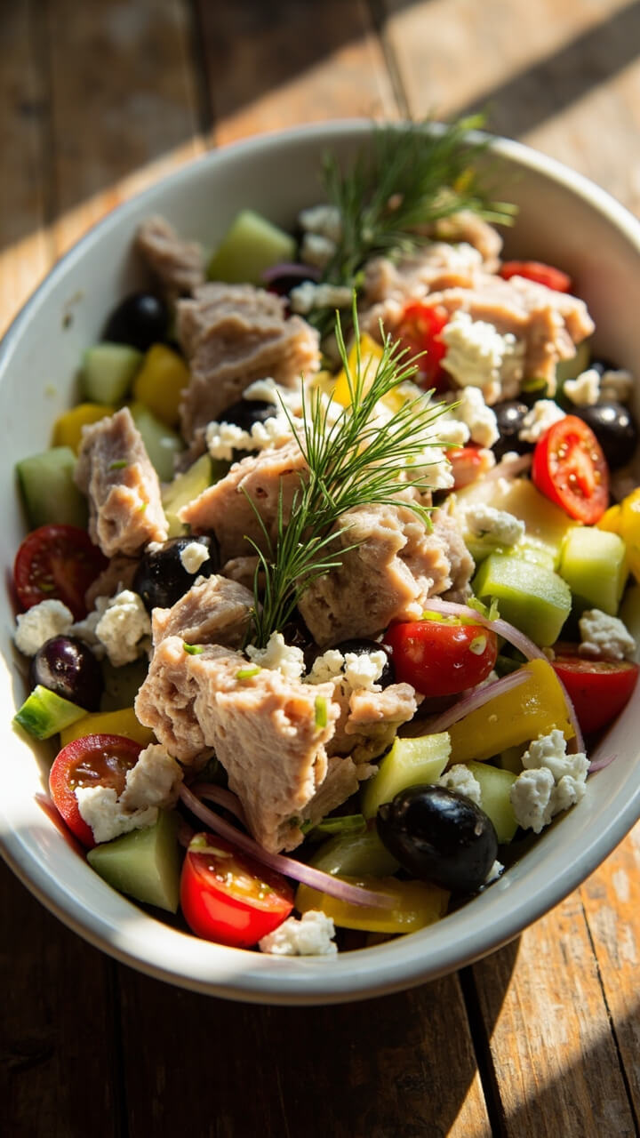 A white shallow salad bowl filled with tuna chunks, halved cherry tomatoes, diced cucumber, Kalamata olives, chopped red onion, and yellow bell pepper. Sprigs of fresh dill and crumbles of feta are scattered over the top, all glistening with a lemony olive oil dressing.