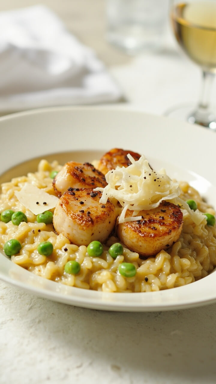A shallow bowl filled with creamy risotto studded with green peas, topped with three golden-seared scallops, shavings of Parmesan, and a few freshly cracked black pepper grains. A napkin and wine glass are set in the background.