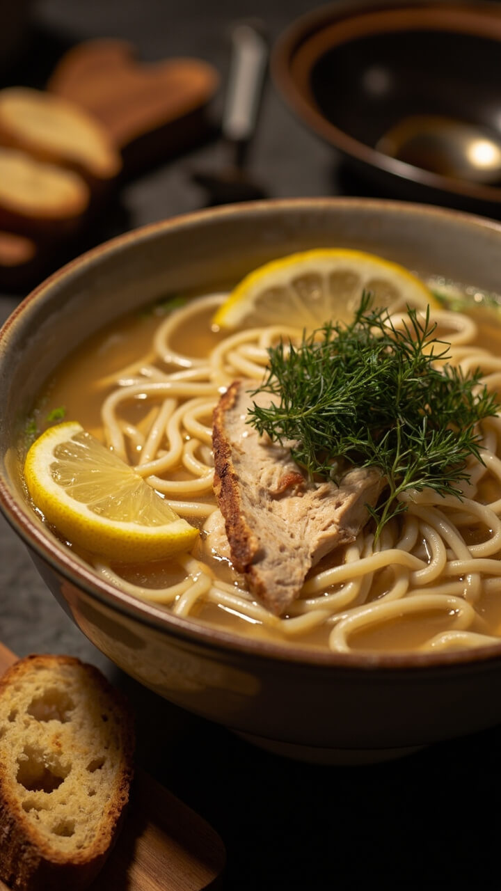 A wide, shallow bowl with ramen noodles in a light clear broth, flaked chicken breast, lemon slices, and a sprinkle of fresh parsley and dill. Sliced crusty bread sits next to the bowl.