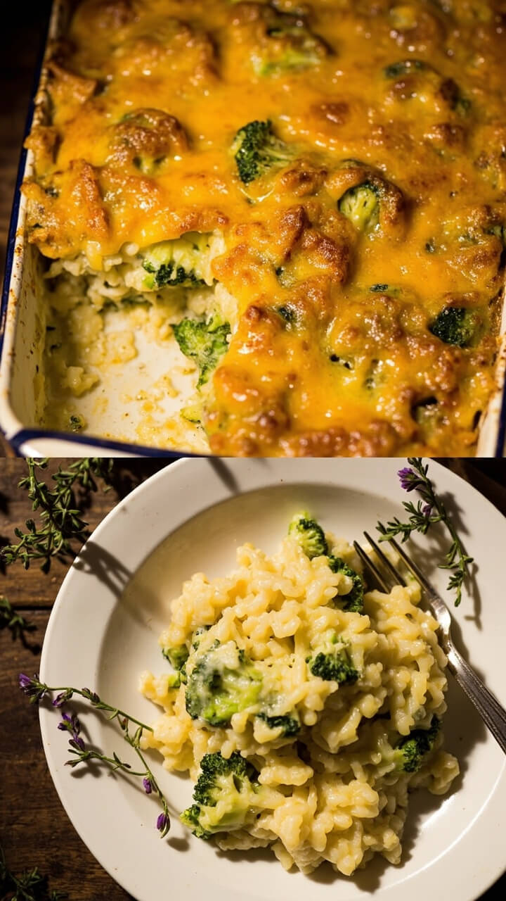 A square baking dish filled with creamy golden rice studded with green broccoli florets and topped with a bubbly layer of melted cheese. Scooped onto a plate, a fork resting beside, and a bit of fresh thyme as garnish. A square baking dish filled with creamy golden rice studded with green broccoli florets and topped with a bubbly layer of melted cheese. Scooped onto a plate, a fork resting beside, and a bit of fresh thyme as garnish.