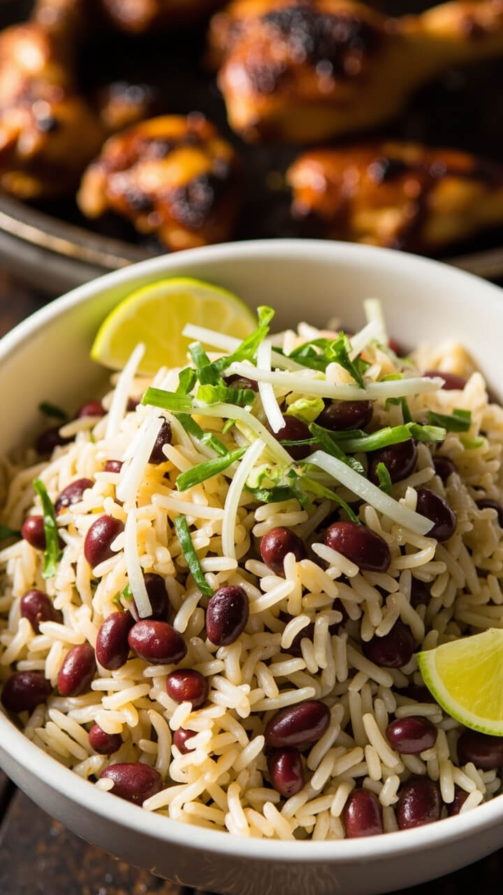 A large white serving bowl loaded with fluffy long-grain rice mixed with kidney beans, flecked with green thyme leaves and sliced spring onions. A wedge of lime rests on the side, with a backdrop of grilled jerk chicken. A large white serving bowl loaded with fluffy long-grain rice mixed with kidney beans, flecked with green thyme leaves and sliced spring onions. A wedge of lime rests on the side, with a backdrop of grilled jerk chicken.