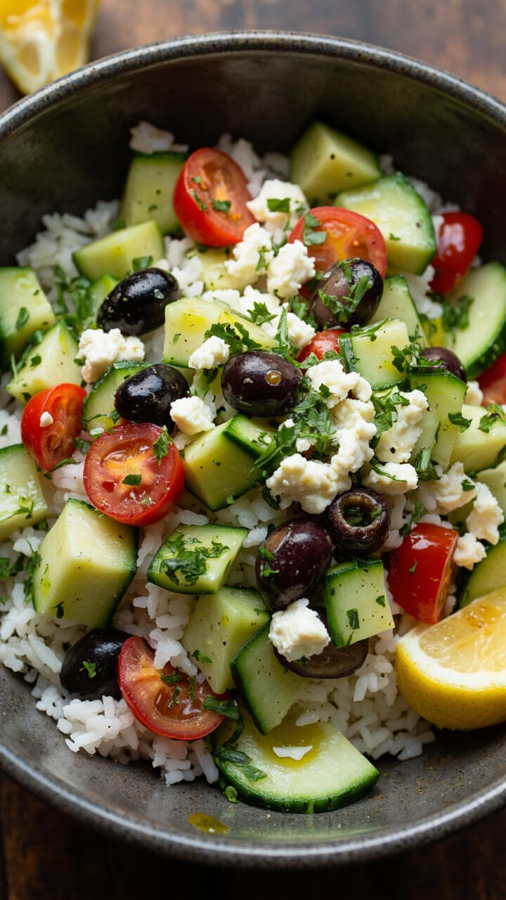 A deep ceramic bowl filled with chilled rice, diced cucumber, cherry tomatoes, kalamata olives, chopped parsley, and feta cheese crumbles. Lemon wedges sit on the side for squeezing, a drizzle of olive oil glistening on top. A deep ceramic bowl filled with chilled rice, diced cucumber, cherry tomatoes, kalamata olives, chopped parsley, and feta cheese crumbles. Lemon wedges sit on the side for squeezing, a drizzle of olive oil glistening on top.