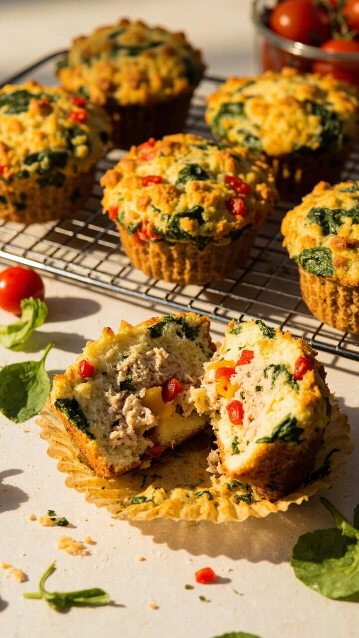 A cooling rack holds a half-dozen golden muffins with green spinach and red bell pepper flecks visible. One muffin is cut in half, revealing a moist, savory crumb flecked with tuna, herbs, and melted cheese. Small tomatoes are scattered for color.
