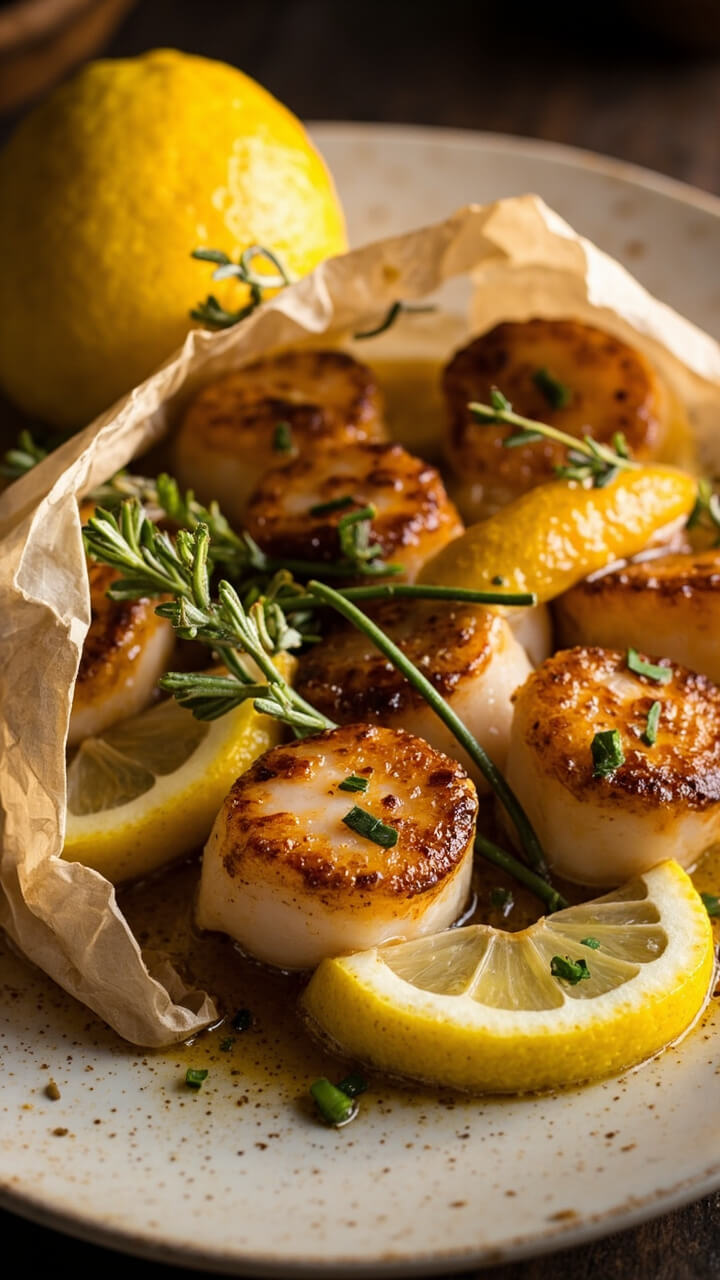 A parchment paper packet opened on a plate, revealing plump scallops with slices of lemon, sprigs of thyme, and chopped herbs, juices pooled at the bottom.
