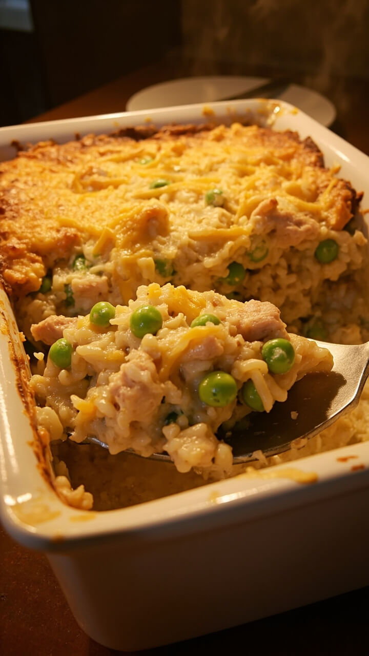 A white ceramic casserole dish bubbling with golden cheese and flecks of green peas and tuna visible in the creamy rice base. A serving spatula rests beside, with a portion scooped out onto a plate.
