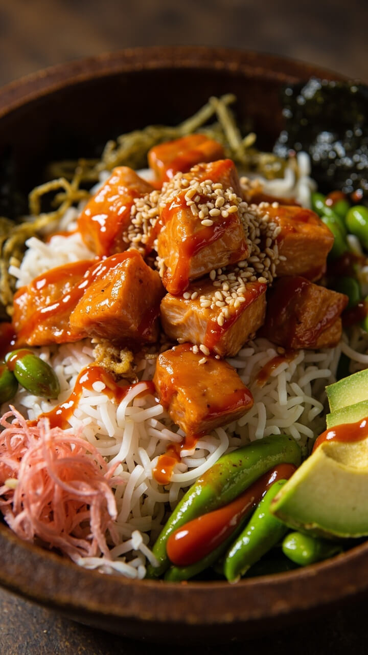 A deep bowl of sticky white rice topped with cubes of roasted salmon glazed in sriracha mayo, edamame, shredded nori, sliced avocado, and sesame seeds. There’s a drizzle of sriracha zigzagged on top and pickled ginger to the side.