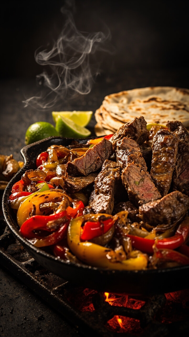 Strips of steak, sautéed red and yellow bell peppers, and caramelized onions on a sizzling cast-iron skillet, with warm tortillas and lime wedges on the side.
