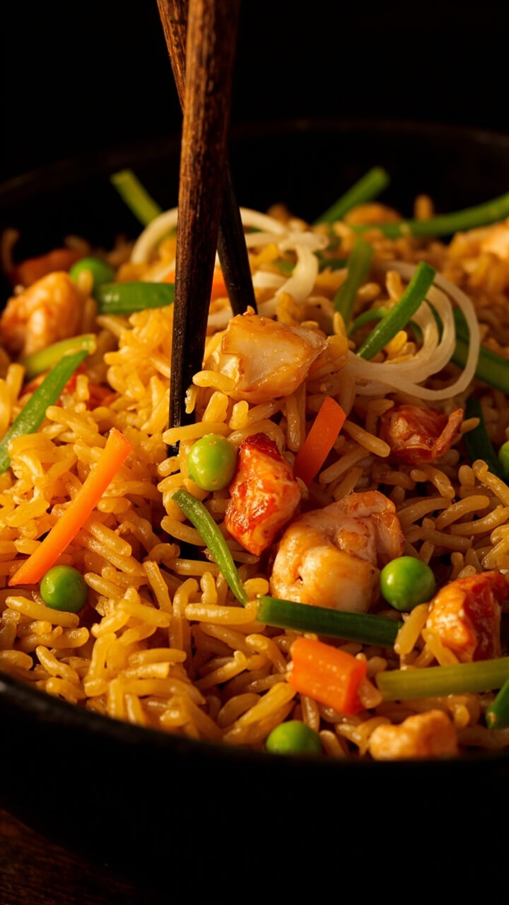 A large bowl of golden fried rice dotted with lobster chunks, crisp peas, carrots, scallions, and sprinkled with sesame seeds, eaten with chopsticks. A large bowl of golden fried rice dotted with lobster chunks, crisp peas, carrots, scallions, and sprinkled with sesame seeds, eaten with chopsticks.