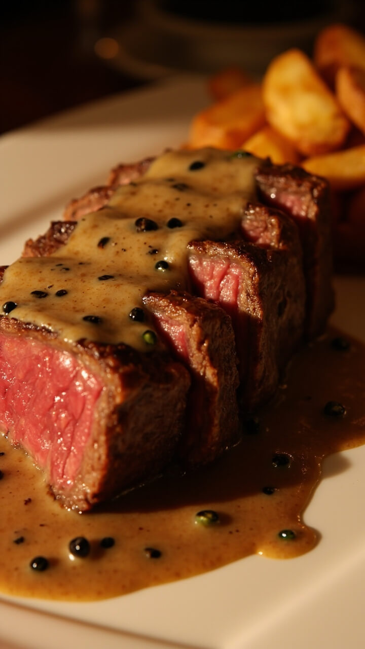 A thick-cut filet mignon, sliced and fanned atop a shallow white plate, enrobed in creamy peppercorn sauce with a side of crispy roasted potatoes.
