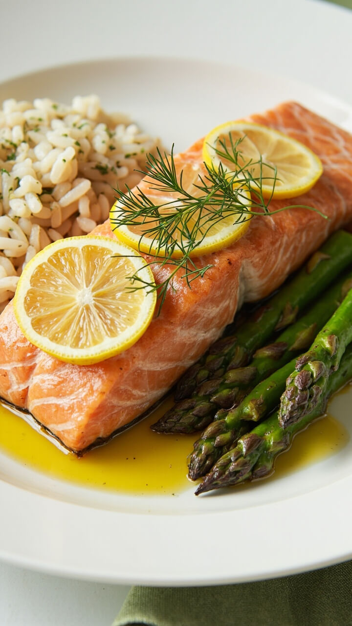 A salmon fillet topped with thin lemon slices and sprigs of fresh dill, nestled on a simple white dinner plate with asparagus spears and a scoop of herbed rice. A drizzle of olive oil pools on the vibrant pink salmon, with a green linen napkin on the side.