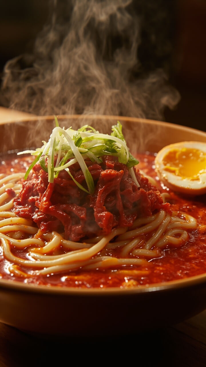 A steaming bowl filled with ramen noodles and a generous scoop of vibrant kimchi. The broth is red-hued, accented with sliced scallions and a hard-boiled egg halved on the side.