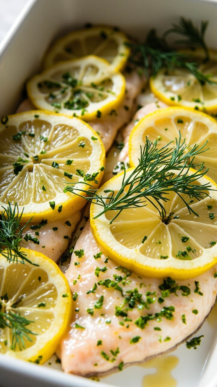 Two catfish fillets in a white baking dish, covered with thin lemon rounds, sprinkled with chopped dill and parsley, with a couple sprigs left whole for garnish.