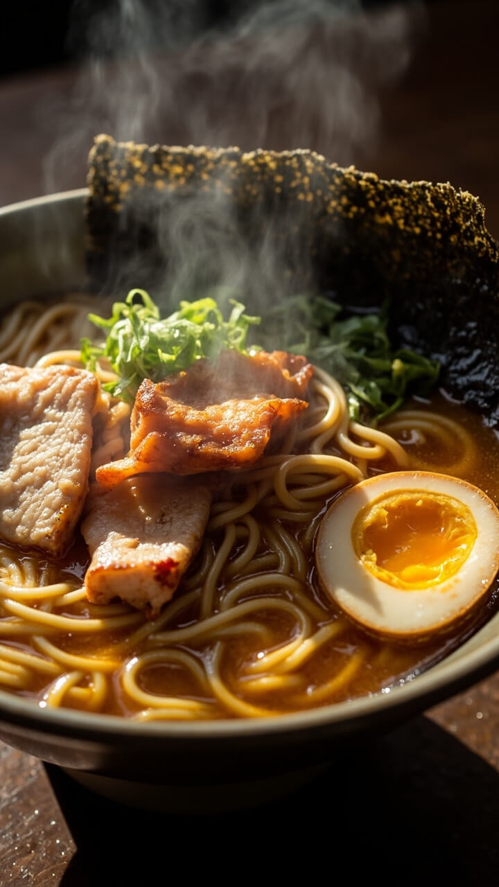 A beautiful ramen bowl with light amber broth, springy noodles, slices of marinated pork, halved soft-boiled egg, and a square of nori on the side. Garnished with green onions.