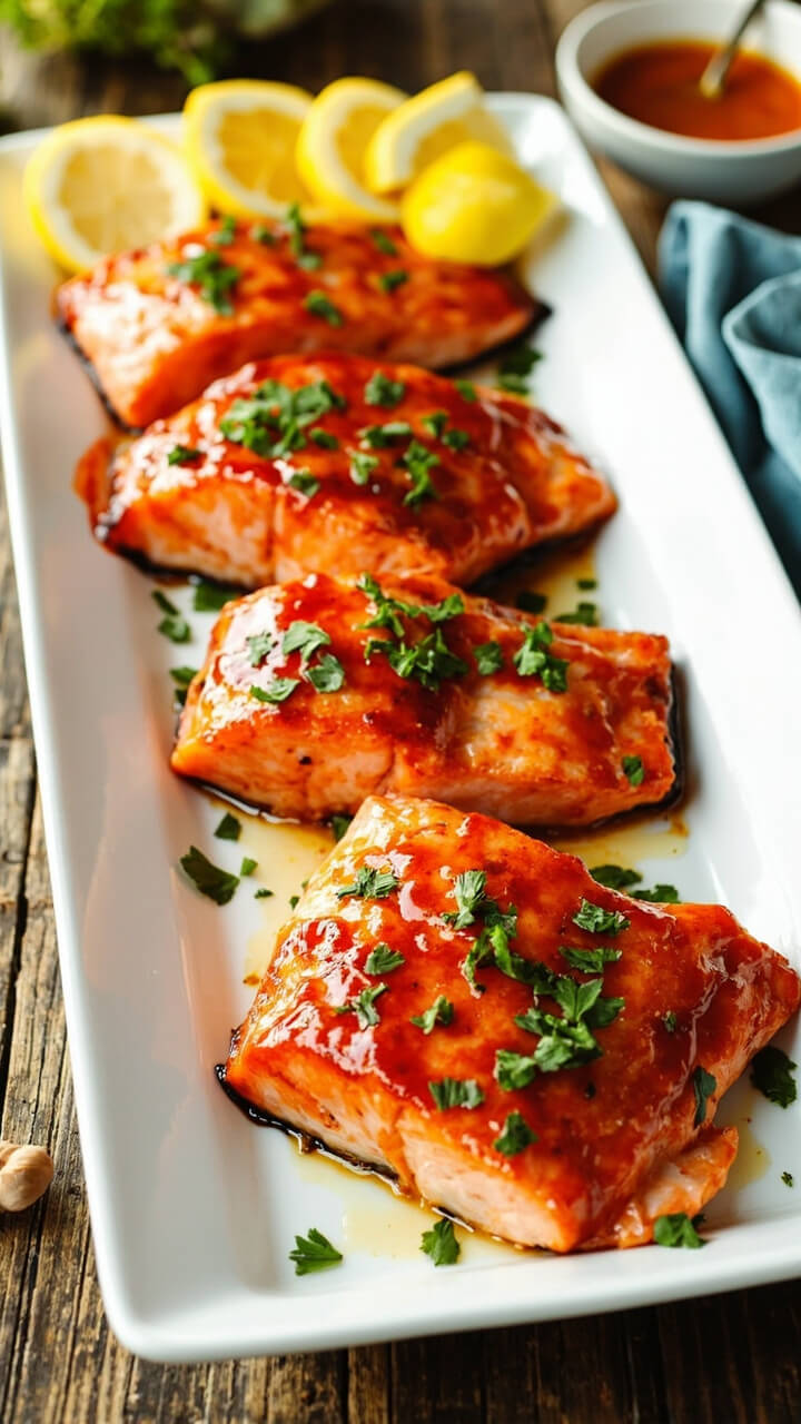 Four golden-glazed salmon fillets on a white ceramic platter, each fillet glistening with a sticky maple sauce and sprinkled with chopped parsley. Lemon wedges line one side and a small bowl of extra glaze sits nearby. The dish is placed on a wood table with a soft blue napkin.