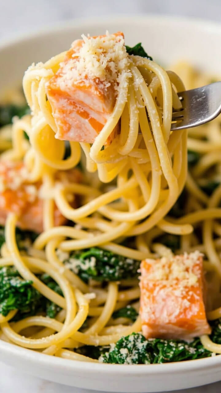 Linguine noodles tossed with chunks of pink salmon, sautéed spinach, and a shiny garlic butter sauce. Parmesan is sprinkled overtop, and the pasta is in a shallow pasta bowl with a fork twirling a bite.