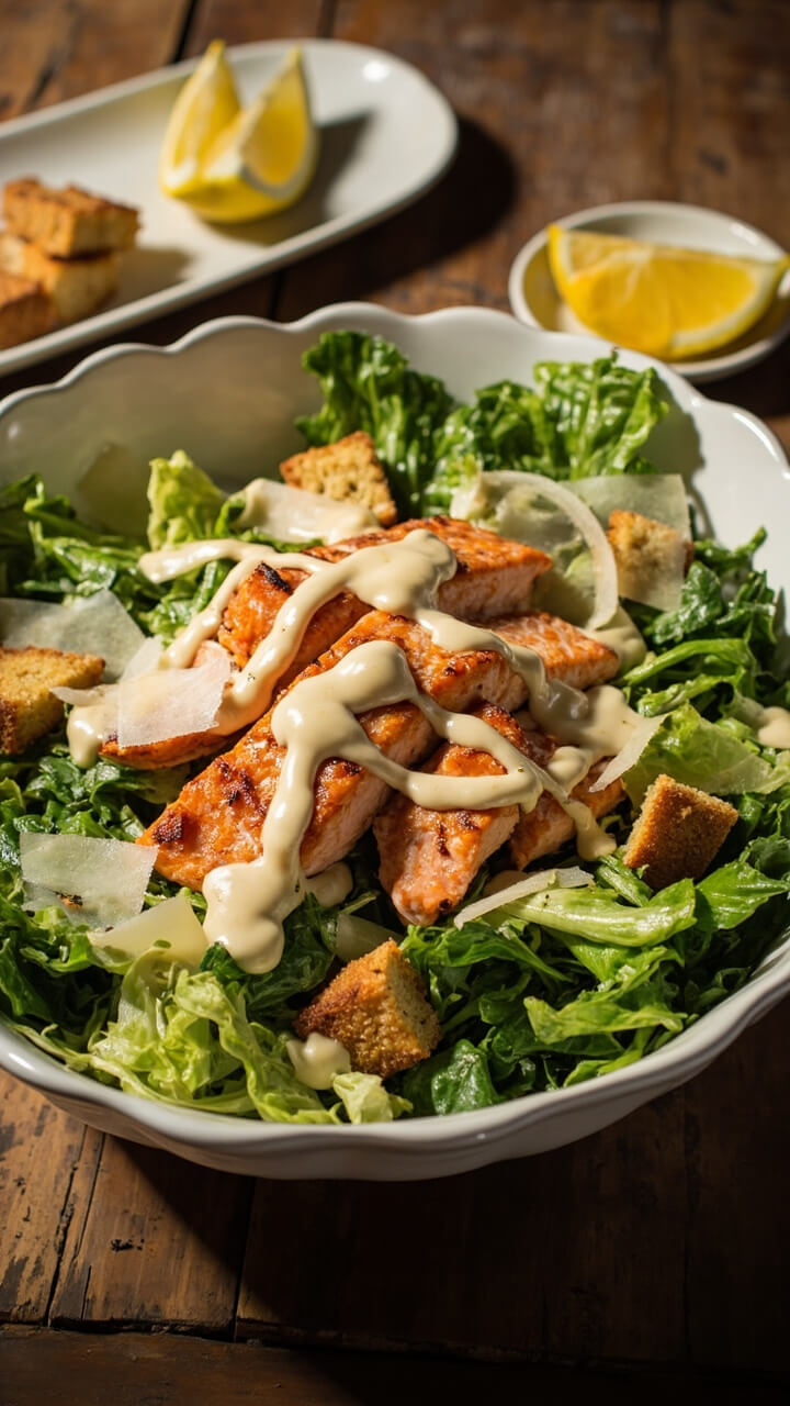 A large shallow white bowl filled with chopped romaine, topped with chunky flakes of roasted salmon, homemade croutons, a few shavings of parmesan, and a drizzle of Caesar dressing. Lemon wedges and extra croutons on the side.
